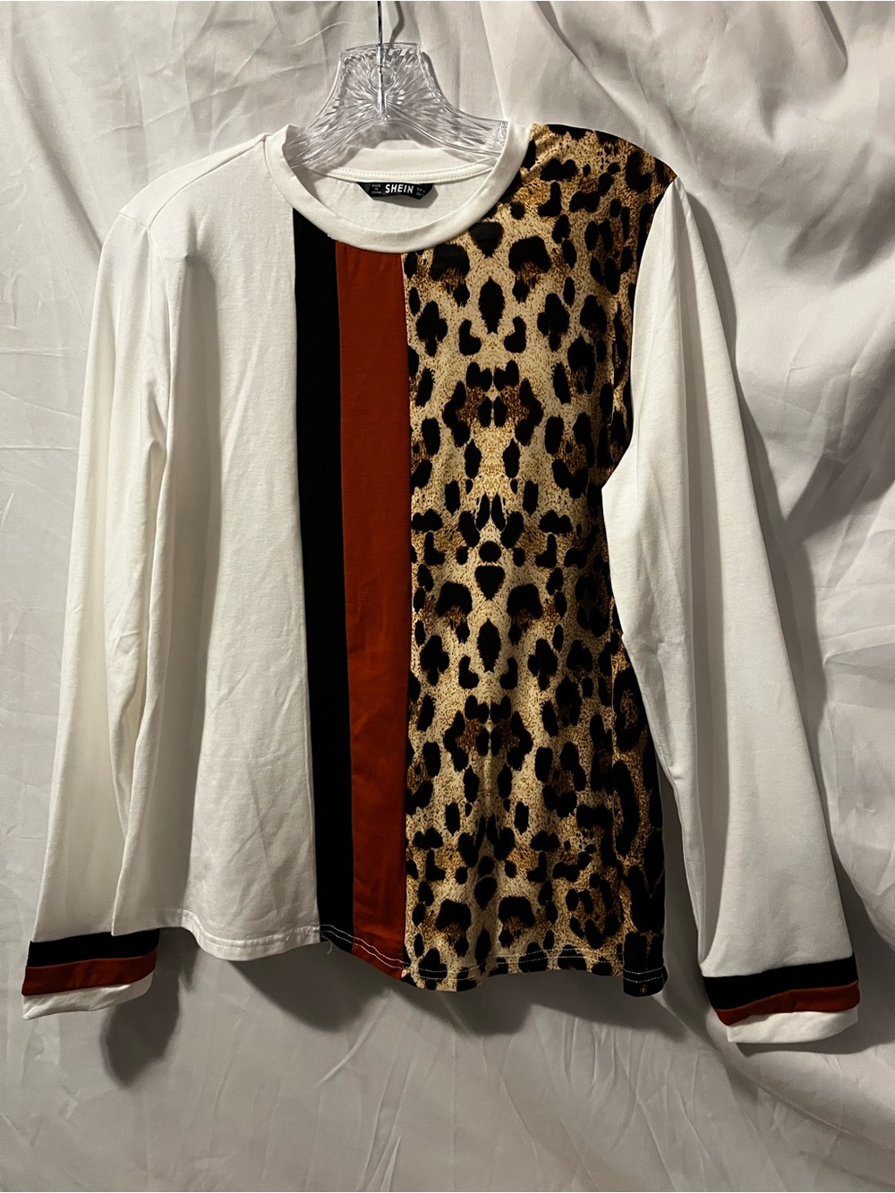SHEIN White Long Sleeve Top with Leopard Print & Rust/Black Stripes